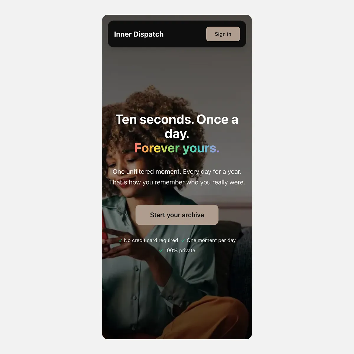 Inner Dispatch landing page — "Ten seconds. Once a day. Forever yours."