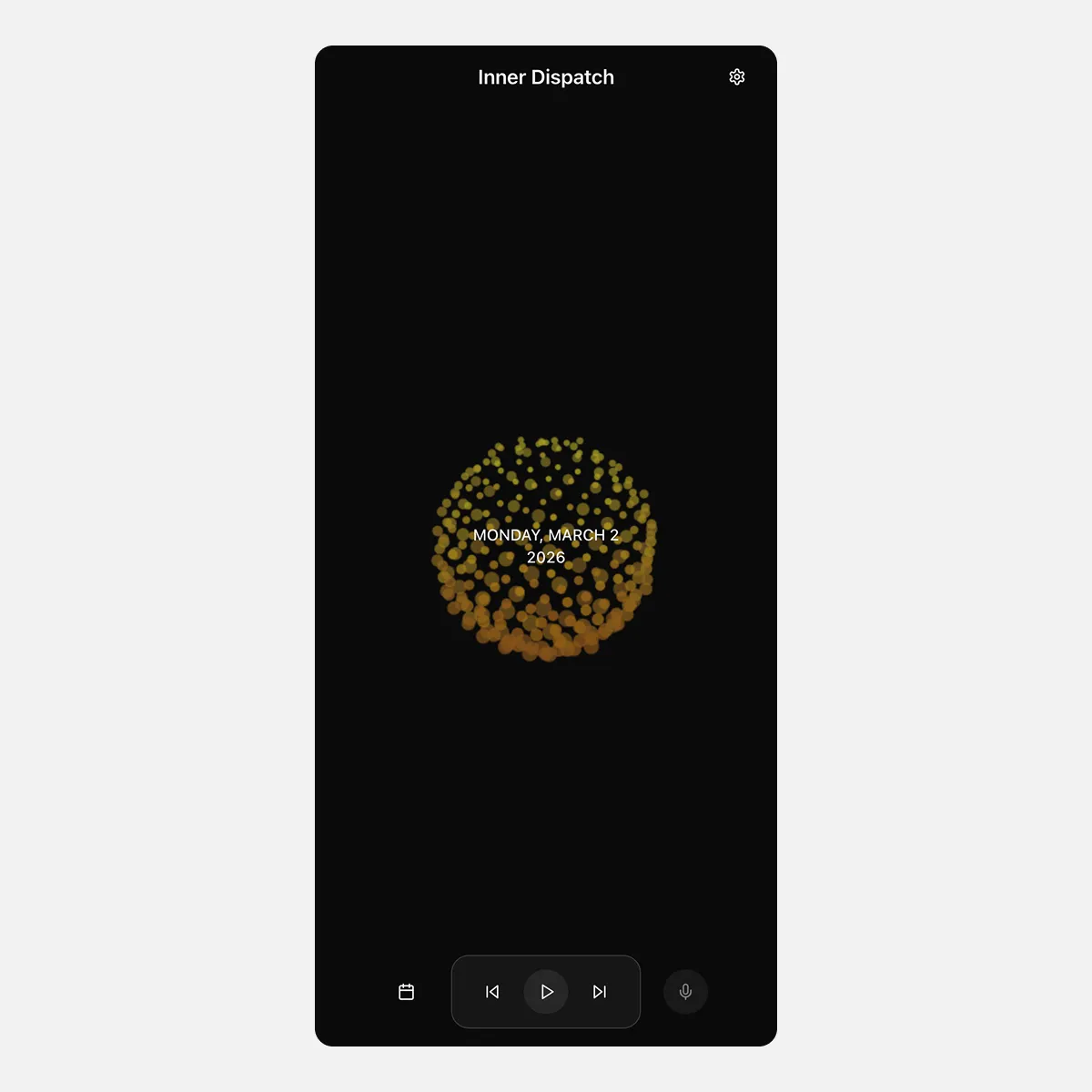Inner Dispatch main screen showing playback controls — back, play, and forward buttons at the bottom