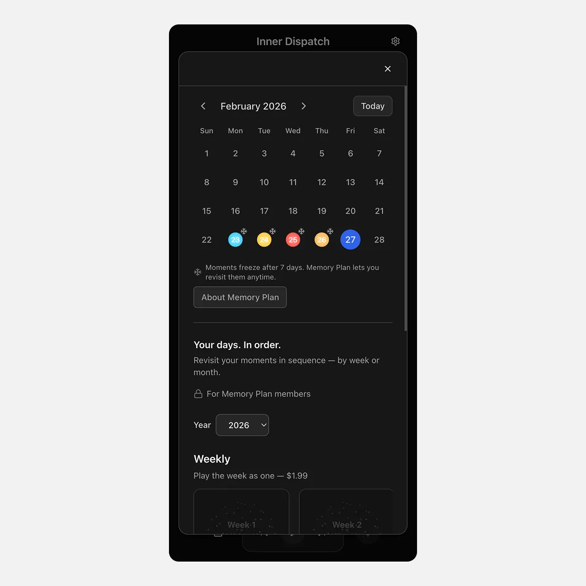 Inner Dispatch calendar view showing recorded days as colored dots